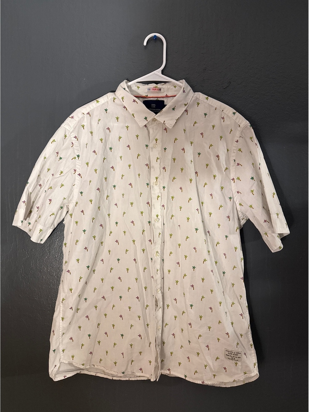 Scotch & Soda Men's Short Sleeve Button-Up Shirt XXL White Palm Tree Print